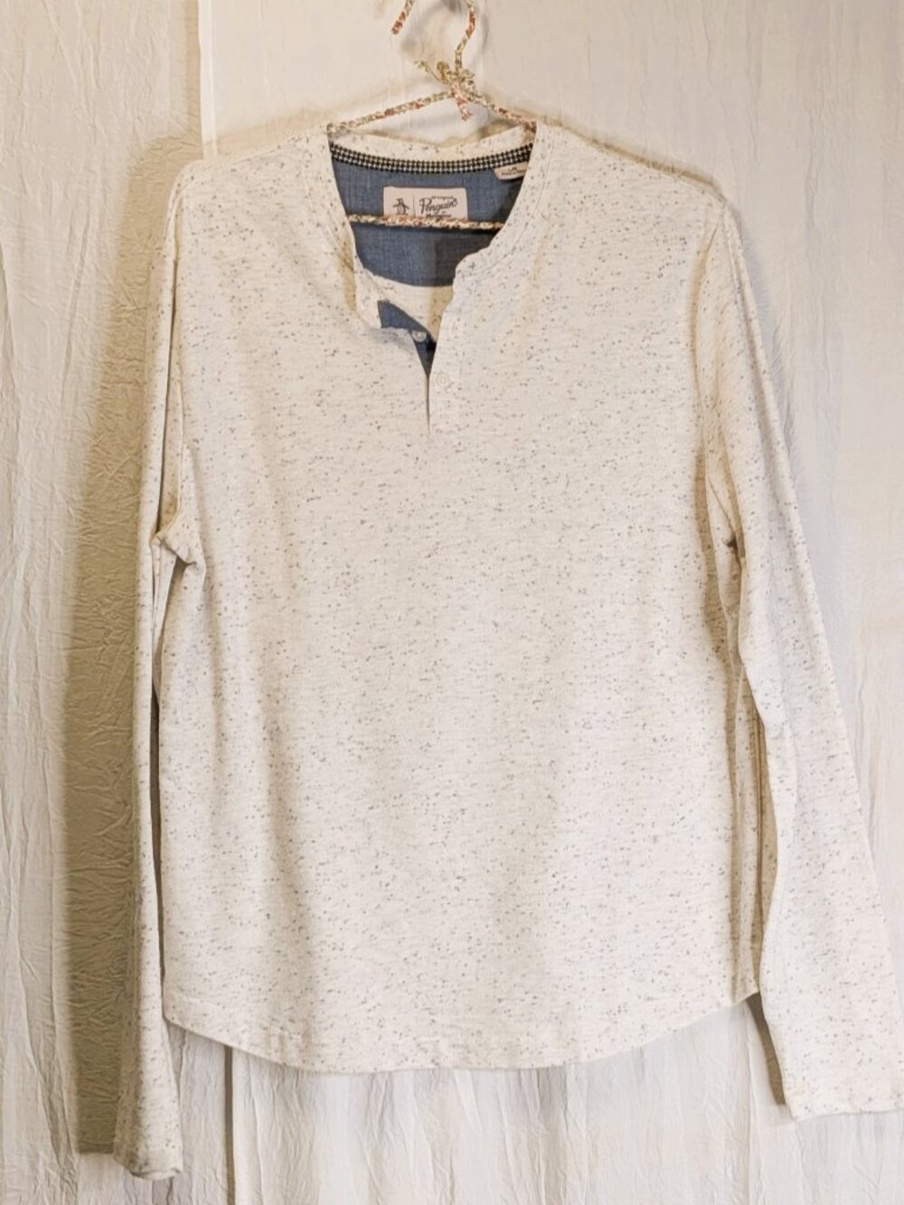 Original Penguin Long-Sleeve Blue Specked Henley Shirt XL Pete the Penguin!